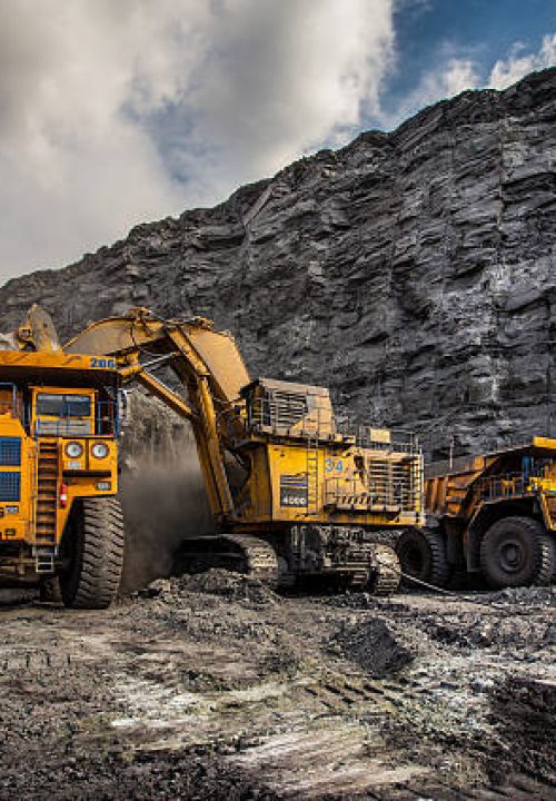 Coal production at one of the open fields in the south of Siberia. Dumpers "BelAZ". September 2015.